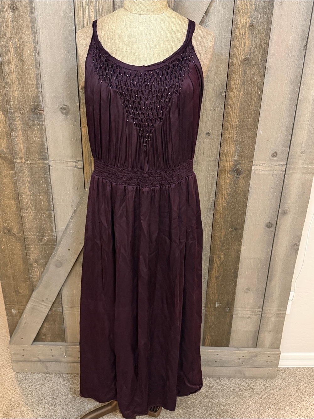 Rebecca Taylor Silk Blend Beaded Midi Dress Smocked Waist Deep Purple Size 12